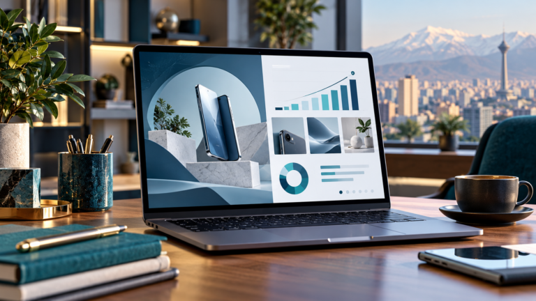 نمونه تصویری پاورپوینت معرفی محصول روی لپتاپ